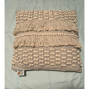 Devi Designs Macrame Boho Accent Pillow- cream and blue- 22” x 22”